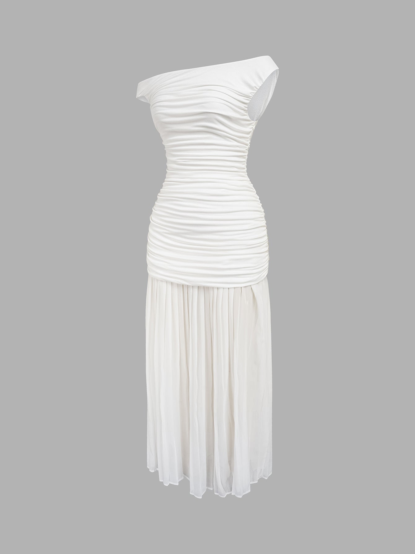 WHITE ASYMMETRIC RUCHED MAXI DRESS
