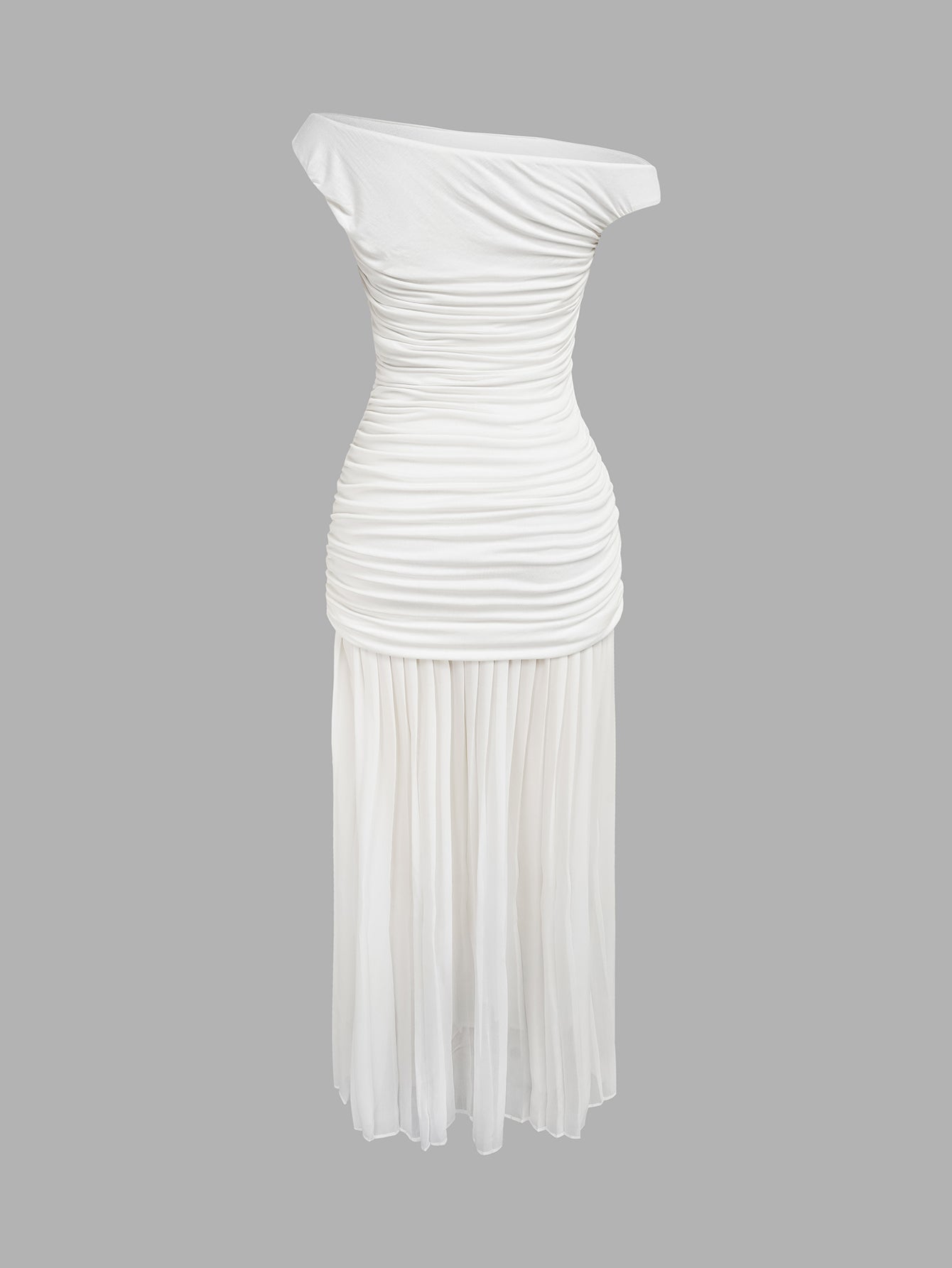 WHITE ASYMMETRIC RUCHED MAXI DRESS