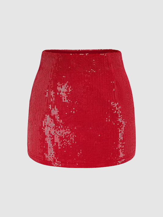 Red Sequin Skirt High Waist
