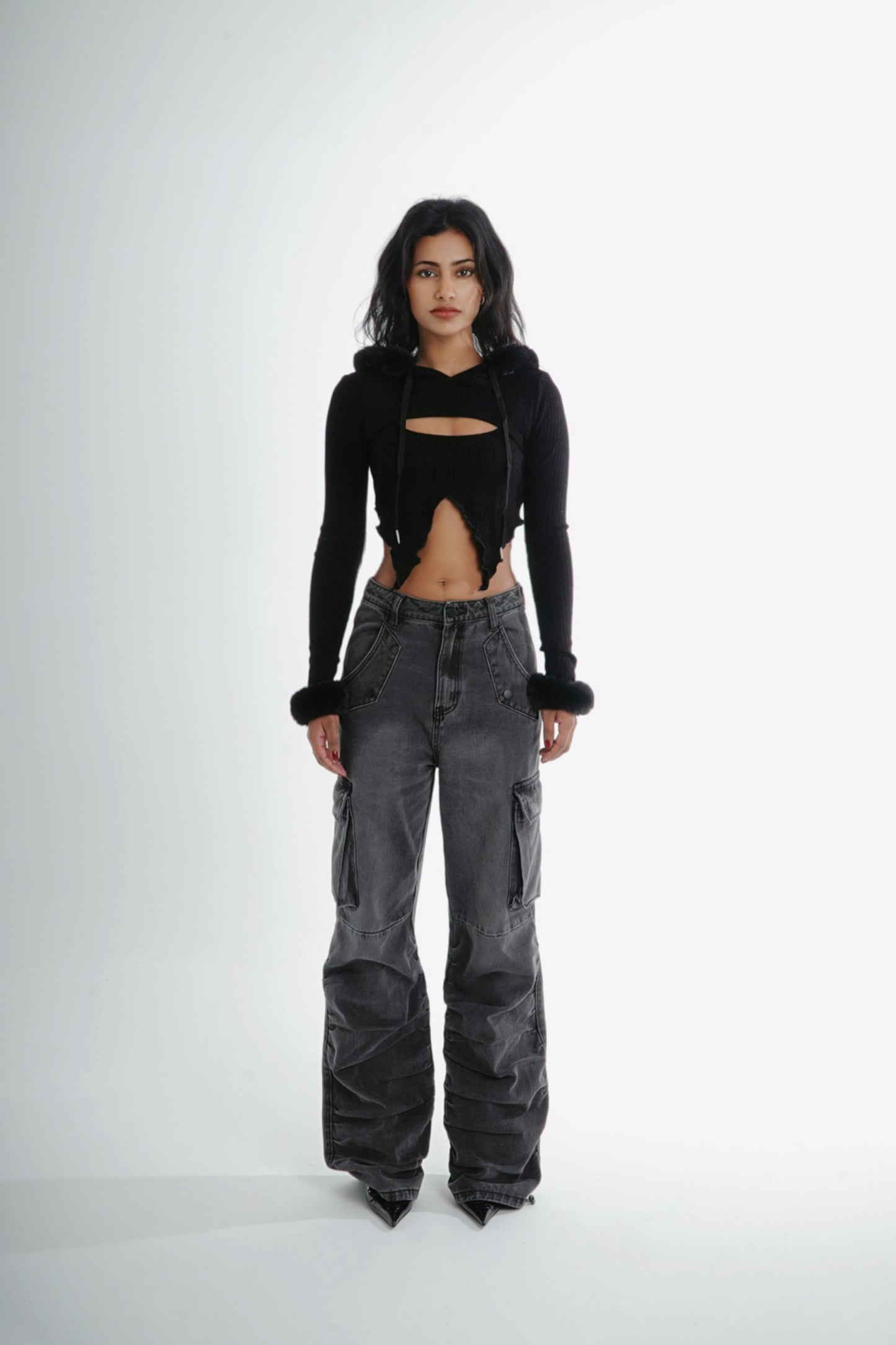 Double layered knitted long sleeve Hood with faux fur