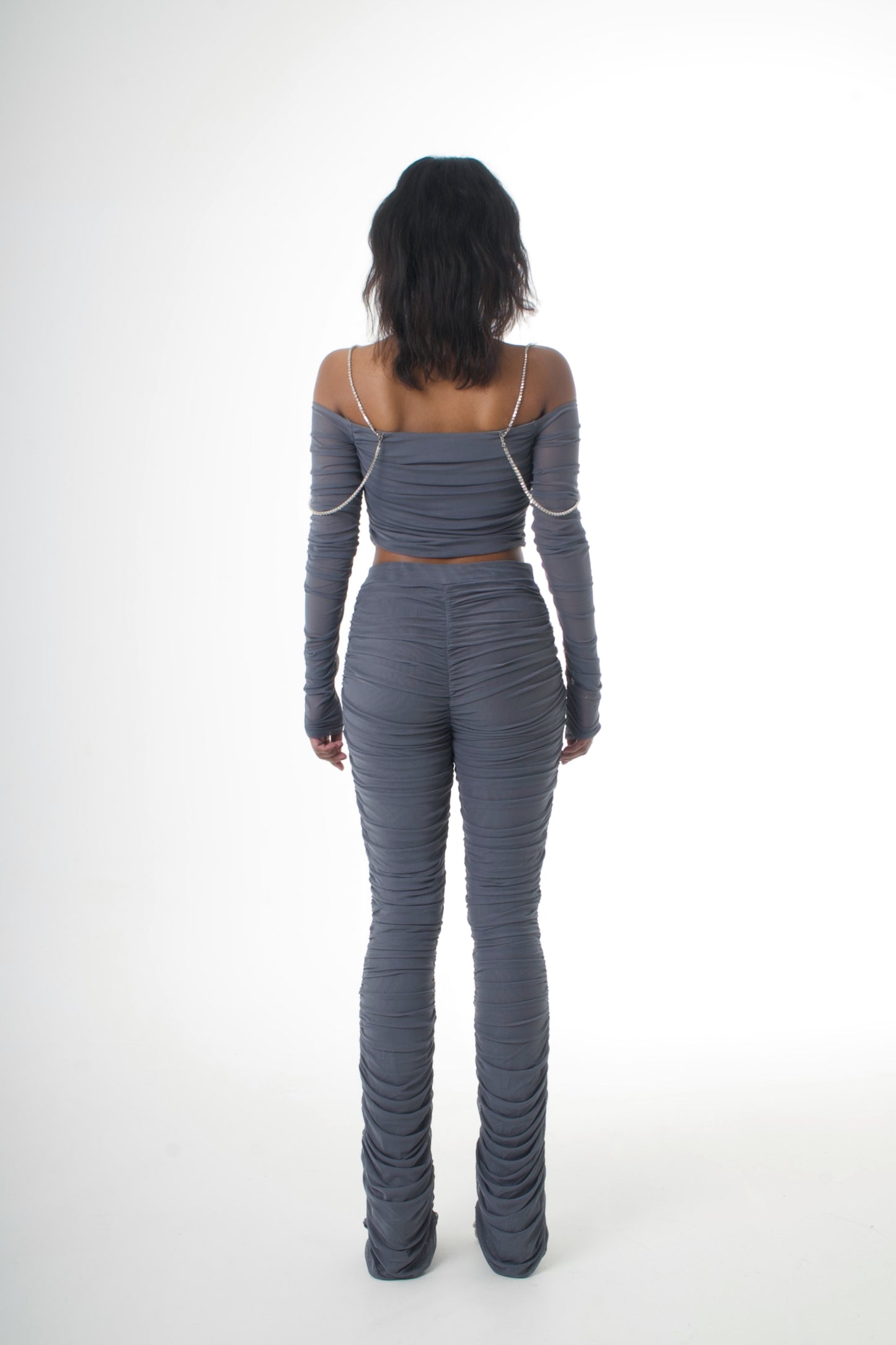 Mesh Ruched Flared Trousers