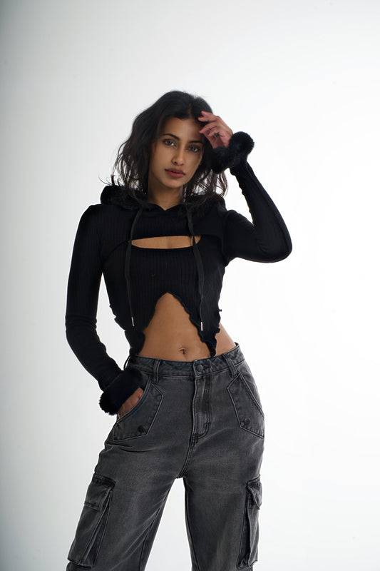 Double layered knitted long sleeve Hood with faux fur