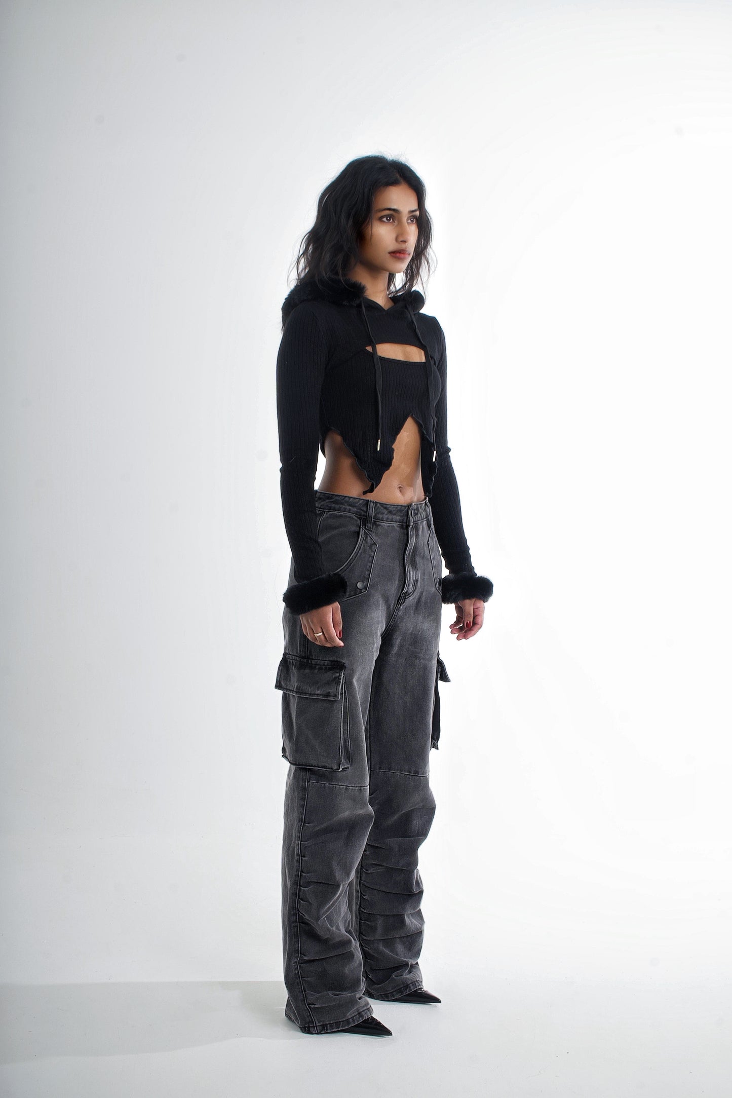 Oversize Black Washed Denim Cargo Trousers