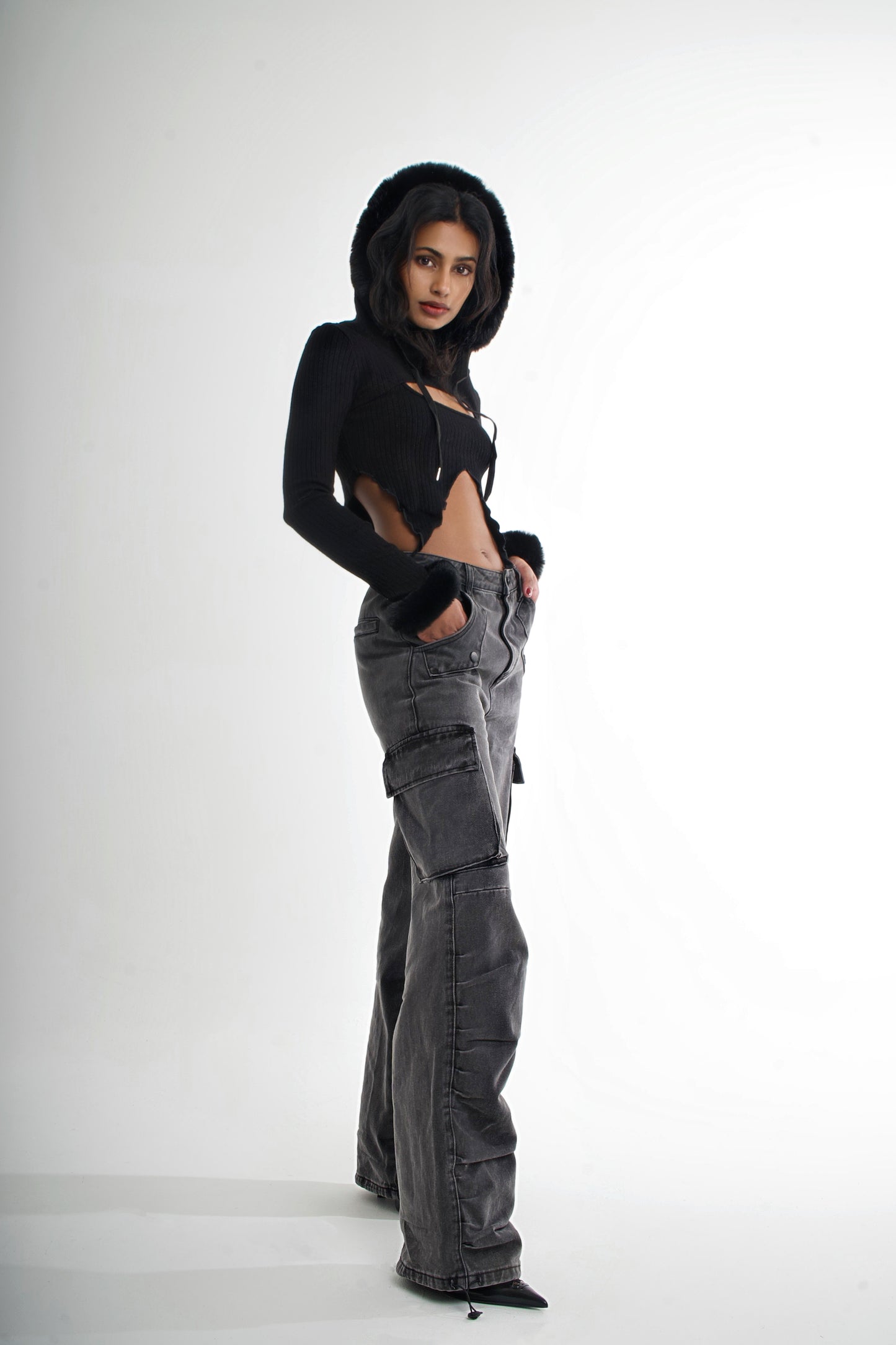 Oversize Black Washed Denim Cargo Trousers