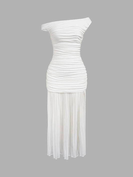 WHITE ASYMMETRIC RUCHED MAXI DRESS
