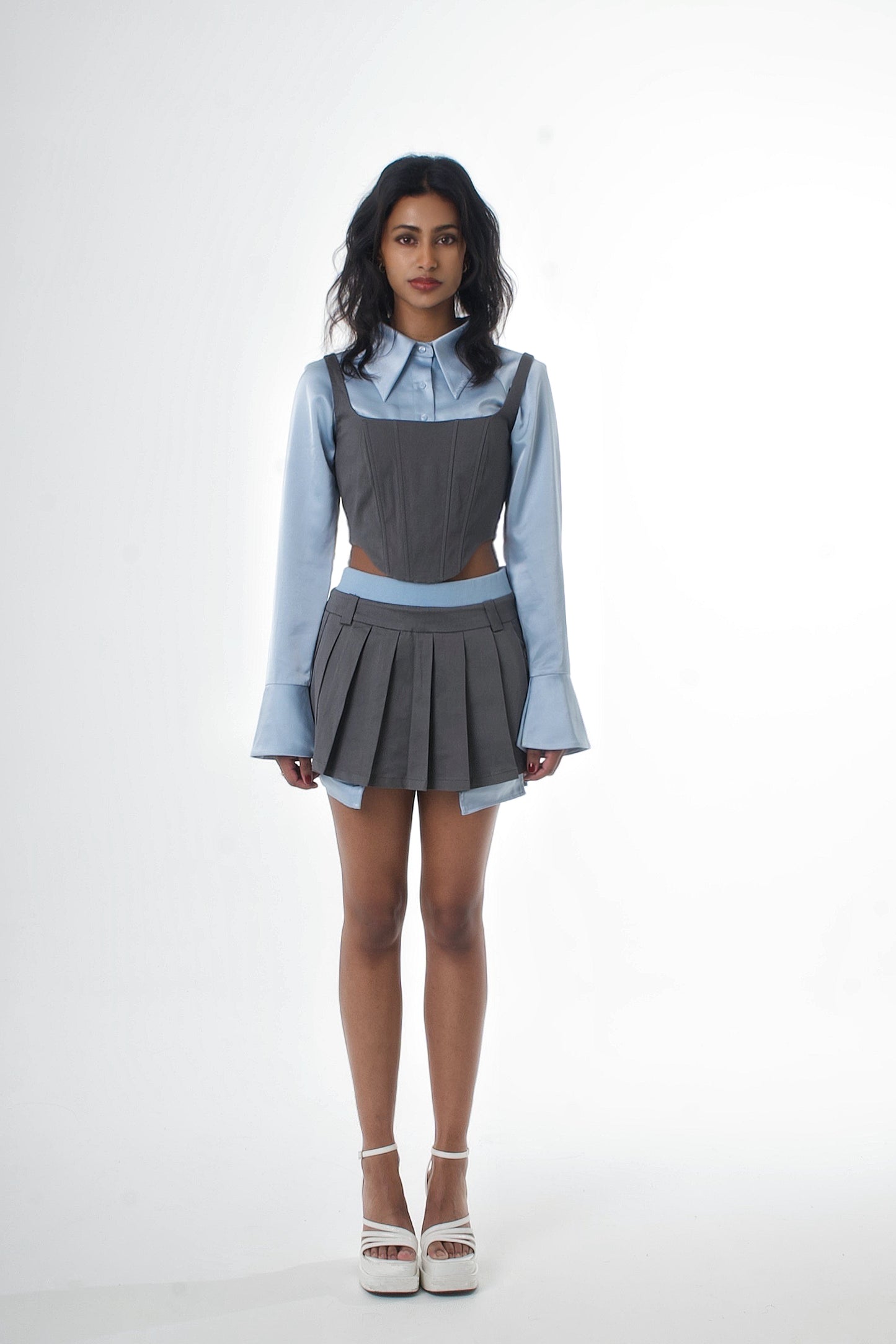 Mid-rise Grey Pleated Skirt Built-in Shorts