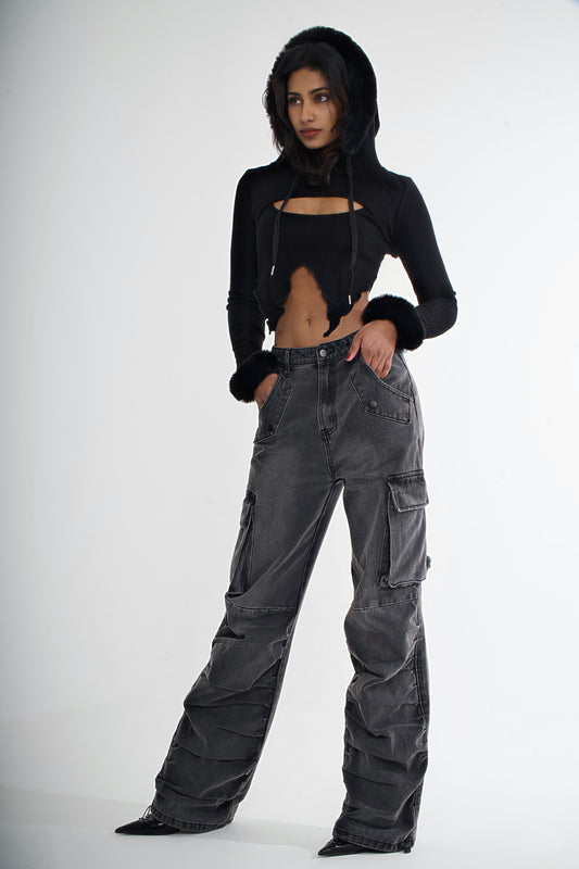 Oversize Black Washed Denim Cargo Trousers